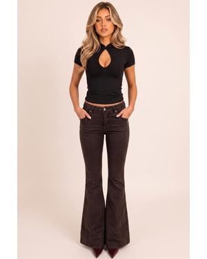 Rebellious Fashion Stretch Denim Mid Waist Flared Jeans - Brown