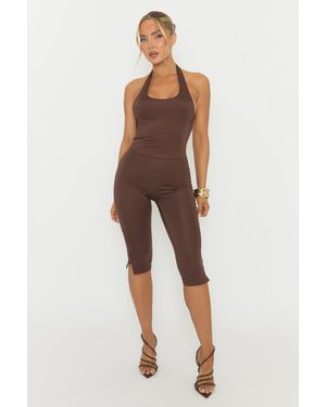 Rebellious Fashion Halterneck Square Neck Capri Jumpsuit - Brown
