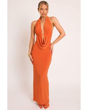 Rebellious Fashion Cowl Plunge Halter Top And Maxi Skirt Co-Ord Set - Orange