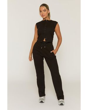 Rebellious Fashion Button Front Top And Wide Leg Trouser Co-Ord Set - Black