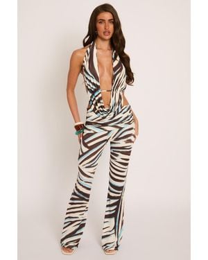 Rebellious Fashion Print Plunge Top And Flare Trouser Co-Ord Set - Natural