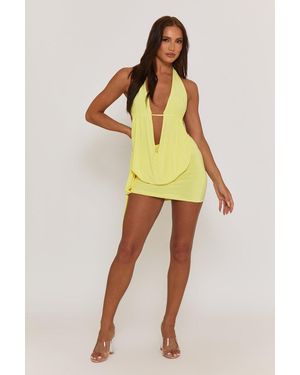 Rebellious Fashion Plunge Neck Cowl Detail Top & Mini Skirt Co-Ord Set - Yellow