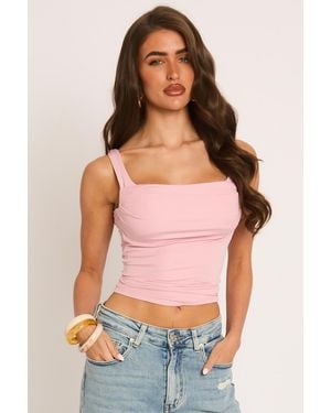 Rebellious Fashion Square Neck Gathered Detail Top - Pink