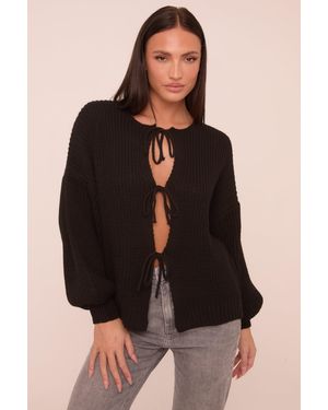 Rebellious Fashion Knit Tie Front Detail Long Sleeves Cardigan - Black