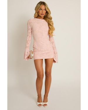 Rebellious Fashion Burnout Floral Flare Sleeve Mini Dress - Pink