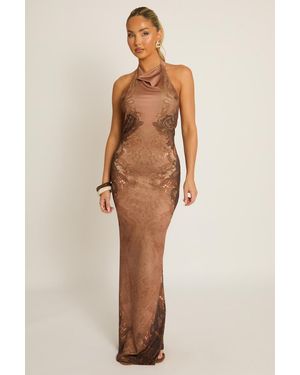 Rebellious Fashion Printed Cowl Halter Maxi Dress - Natural