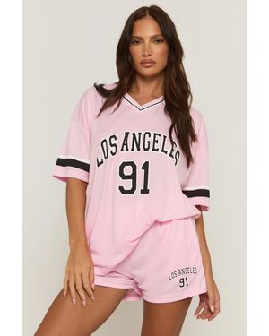 Rebellious Fashion Oversized Varsity Football T-Shirt And Shorts Set - Pink