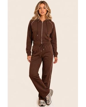 Rebellious Fashion Cropped Fit Hoodie And Jogger Loungewear Co-Ord Set - Brown