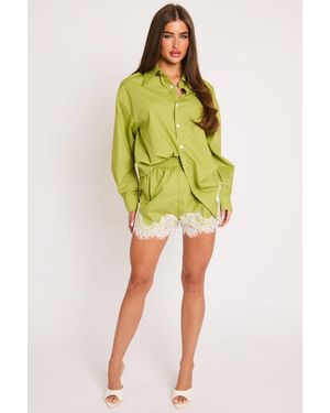 Rebellious Fashion Lace Trim Shirt And Shorts Co-Ord Set - Yellow