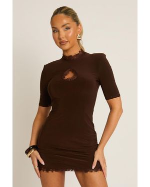 Rebellious Fashion Shoulder Pad Lace Trim Mini Dress - Brown