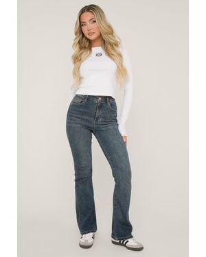 Rebellious Fashion Mid High Waist Kick Flare Frayed Hem Denim Jeans - Blue