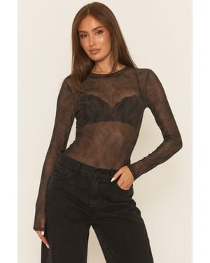 Rebellious Fashion Abstract Print Mesh Bodysuit - Brown