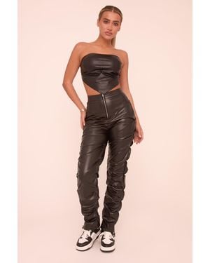 Rebellious Fashion Faux Leather Ruching Detail Trousers - Natural