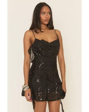 Rebellious Fashion Sequin Mesh Ruffle Mini Dress - Black