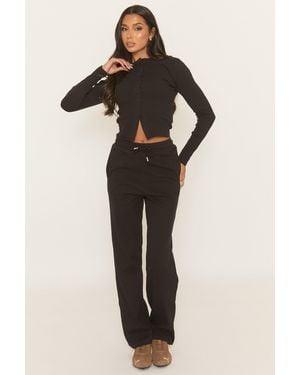 Rebellious Fashion Button Front Long Sleeve Top And Trouser Loungewear Co-Ord Set - Black