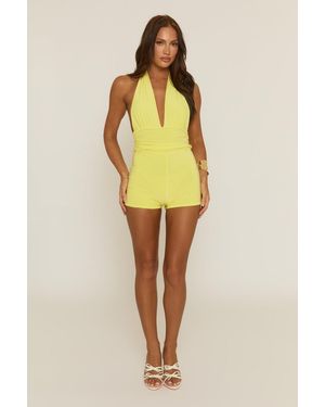 Rebellious Fashion Halter Neck Plunge Tie Back Playsuit - Yellow