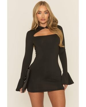 Rebellious Fashion High Neck Long Sleeve Mini Dress - Black