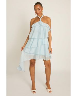Rebellious Fashion Ruffle Halterneck Mini Dress - Blue