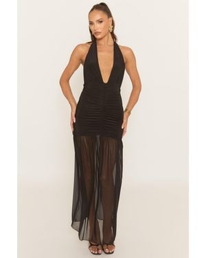 Rebellious Fashion Plunge Halterneck Ruched Maxi Dress - Black
