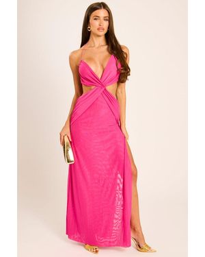 Rebellious Fashion Mesh Wrap Detail Halterneck Maxi Dress - Pink