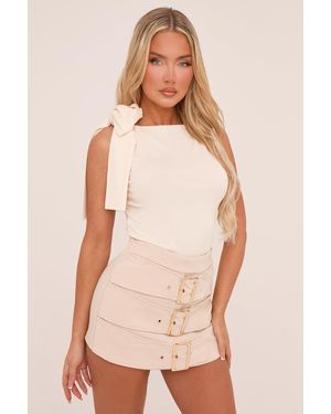 Rebellious Fashion Cream Shoulder Tie Sleeveless Top - Natural