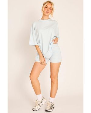 Rebellious Fashion Light Rebellious Logo Oversized T-Shirt And Cycling Shorts Co-Ord - Blue