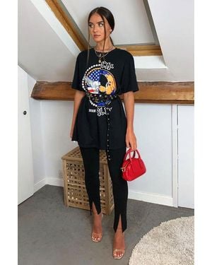 Rebellious Fashion Split Front Flared Trousers - Black