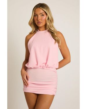 Rebellious Fashion Textured Halter Blouson Mini Dress - Pink