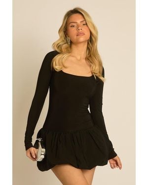 Rebellious Fashion Square Neck Long Sleeve Puffball Mini Dress - Black