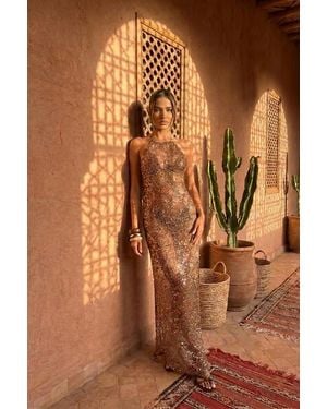 Rebellious Fashion Chocolate Sequin Crochet Maxi Dress - Brown