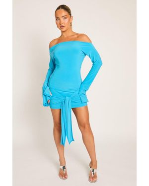 Rebellious Fashion Electric Long Flared Sleeves Drape Detail Bodycon Mini Dress - Blue