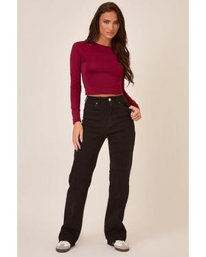 Rebellious Fashion Stretch Frayed Hem Straight Leg Jeans - Red