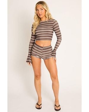 Rebellious Fashion Stripe Rib Long Sleeve Top And Shorts Co-Ord Set - Brown