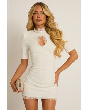 Rebellious Fashion Shoulder Pad Lace Trim Mini Dress - Natural