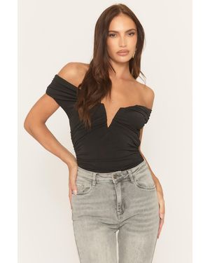Rebellious Fashion V Detail Ruched Bodysuit - Black