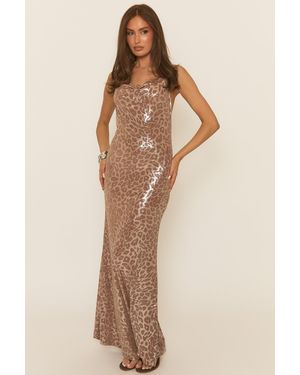 Rebellious Fashion Rose Leopard Cowl Maxi Dress - Natural