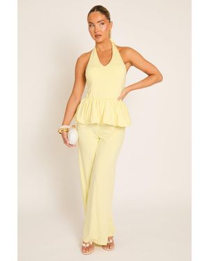 Rebellious Fashion Halterneck Peplum Top And Wide Leg Trouser Co-Ord Set - Natural