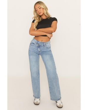 Rebellious Fashion Mid Asymmetric Waist Wide Leg Denim Jeans - Blue