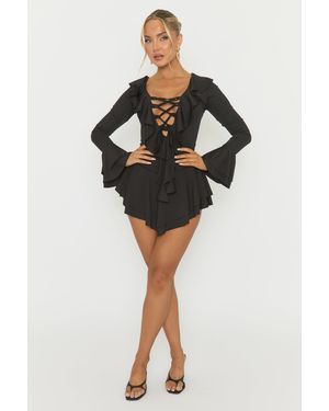 Rebellious Fashion Tie Front Ruffle Hem Playsuit - Black