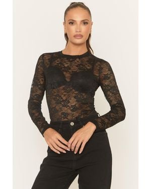 Rebellious Fashion Sheer Lace High Neck Bodysuit - Black
