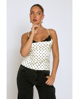 Rebellious Fashion Satin Polka Dot Lace Trim Cami Top - Natural