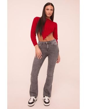 Rebellious Fashion Dark Stretch Mid Waist Kick Flare Denim Jeans - Natural