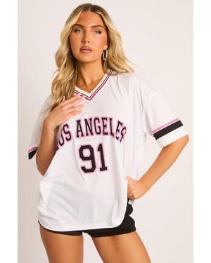 Rebellious Fashion Oversized Varsity Football T-Shirt - Pink
