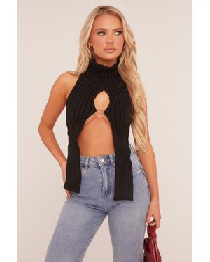 Rebellious Fashion Knit High Neck Backless Top - Black