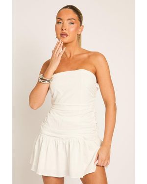 Rebellious Fashion Poplin Ruched Bandeau Mini Dress - Natural