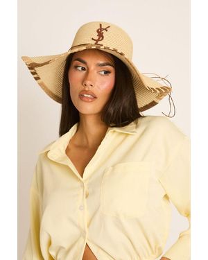 Rebellious Fashion Woven Logo Detail Floppy Sun Hat - Natural