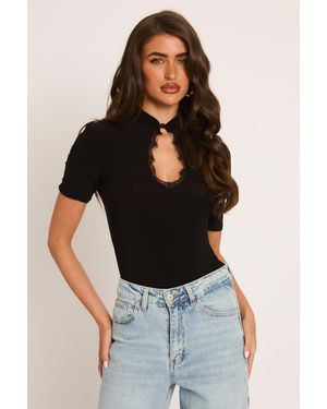 Rebellious Fashion Shoulder Pad Lace Trim Bodysuit - Black