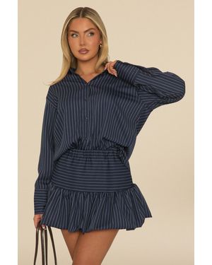 Rebellious Fashion Pinstripe Shirt And Puffball Skirt Co-Ord Set - Blue