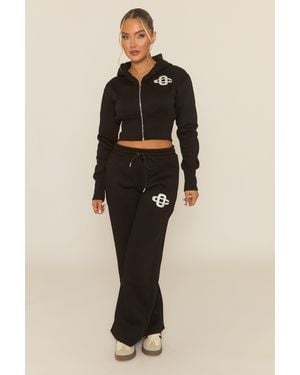 Rebellious Fashion Contrast Motif Cropped Hoodie And Joggers Loungewear Set - Blue
