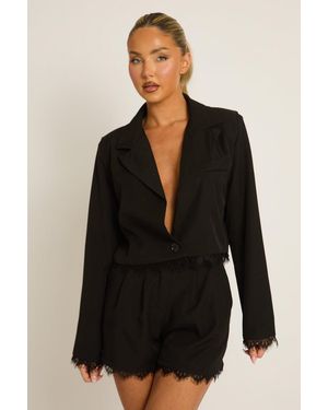 Rebellious Fashion Lace Trim Blazer - Black
